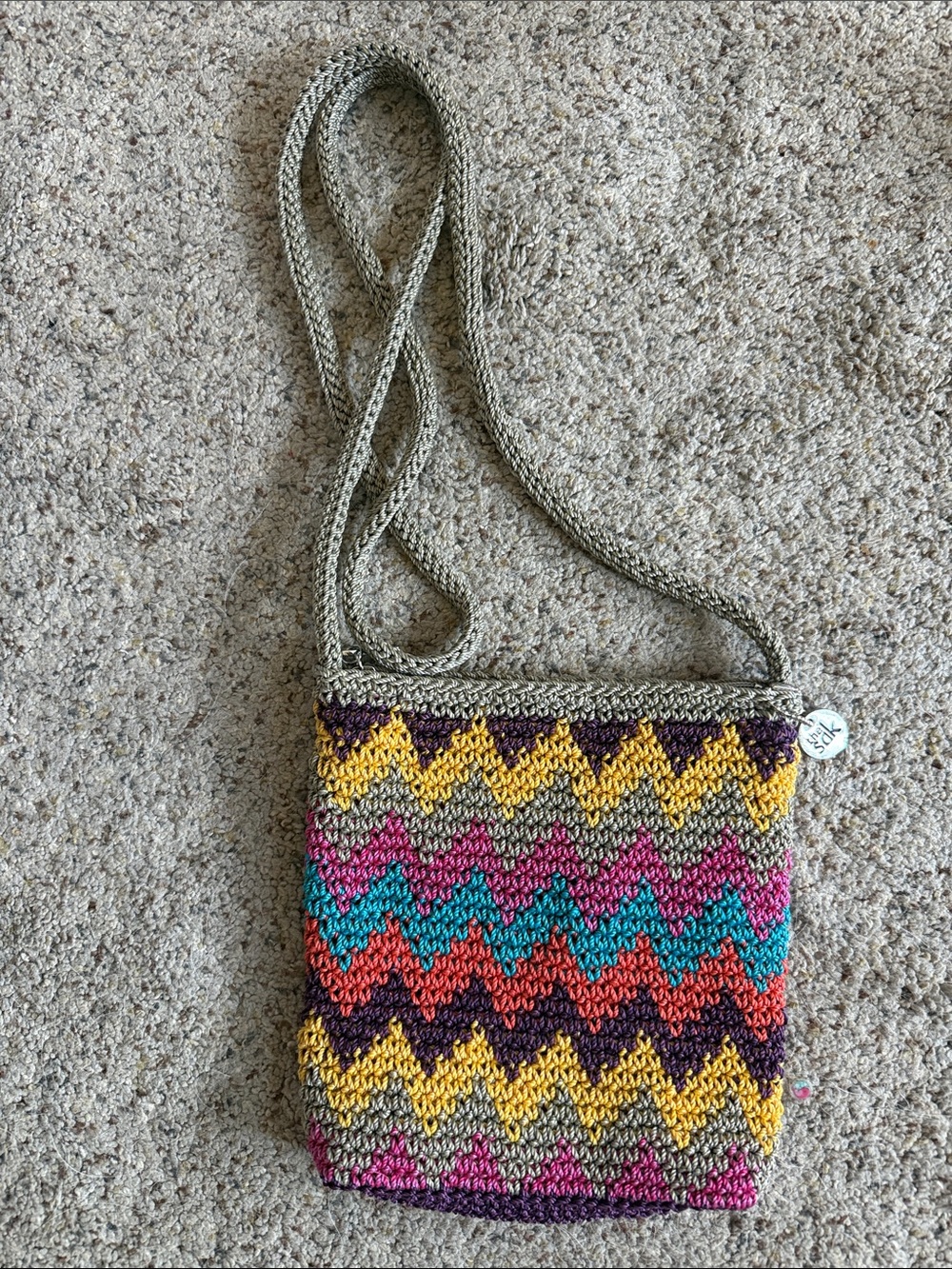 The Sak Crochet Rainbow Chevron Crossbody Purse Bag Pink Blue Orange Purple